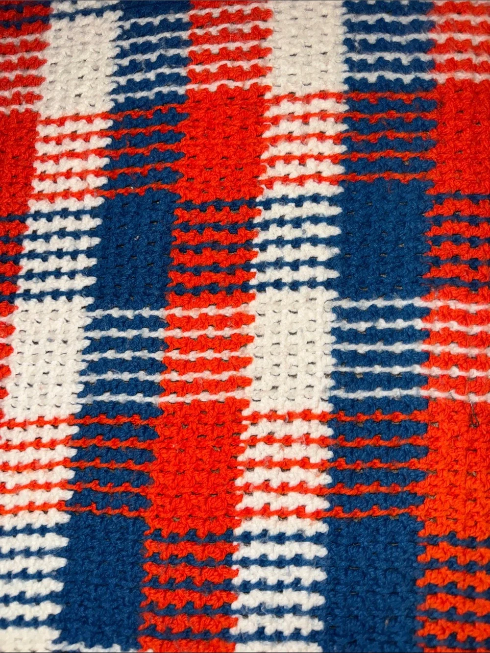 Vintage Handmade Crochet Plaid Afghan Blanket Red White Blue Fringe